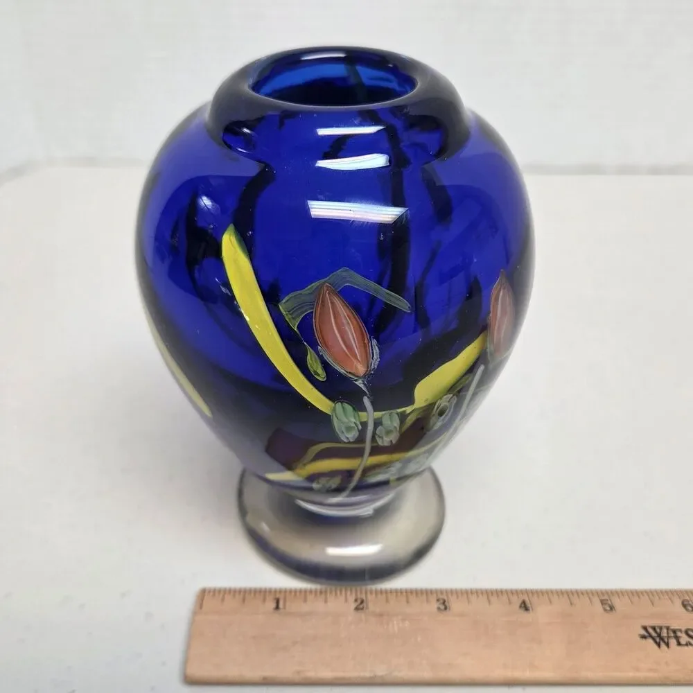 VTG Kusak Art Glass Paperweight Pedestal Vase Cobalt Blue with Cased Flowers 6” - Picture 8 of 11